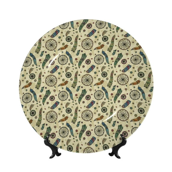 Salouo Dreamcatcher1 Pattern Bone China Decorative Plate,Holiday Decor Decorative Ceramic Plates with Stand Elegant Home DéCor for Hallway/Living Room/Bedroom-7in