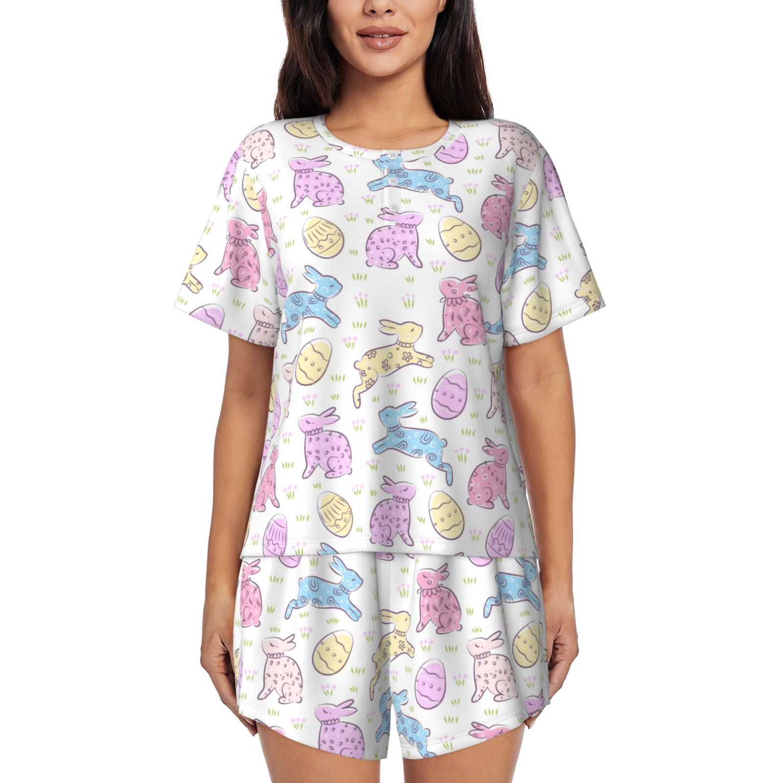 Pj Rabbit Salouo Easter Colorful Rabbit Pattern Short-Sleeved Pajama Set for ...