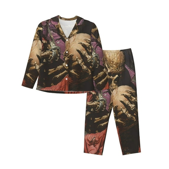 Salouo Eerie Skull Holding Another Pattern Women's Pajamas Set Long Sleeve Button Down Sleepwear Soft Pj Lounge Sets for women 2 Piece Pjs Set with Long Pants-XX-Large