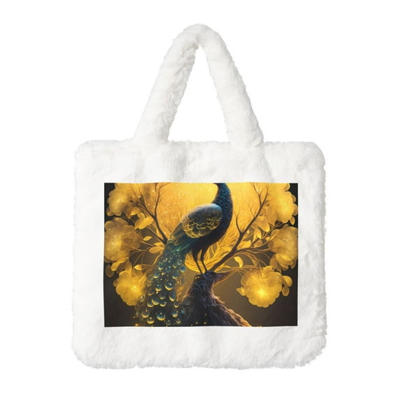 Salouo Elegant Gold Leaf Peacock for Plush Underarm Bag,Soft Tote Bag Ladies Fluffy Shoulder Bag Women Furry Tote Bag Plush Handbag for Autumn and Winter