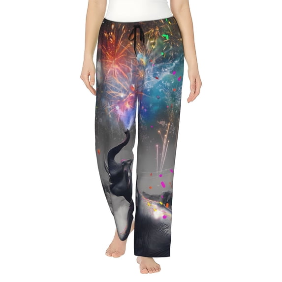 Salouo Elephant Fireworks Celebration Print Women's Pajama Pants Casual Loose Sweatpants PJs Flowy Pants Drawstring Palazzo for Women Wide Leg Pants Lounge Pajama -Medium