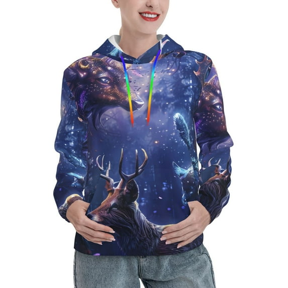 Salouo Enchanted Forest Stag Gathering Pattern Hoodie Sweatshirts for Women, Autumn Pullover Hoodie Workout Sweat Women's Long Sleeve Preppy Sweatshirts-Large