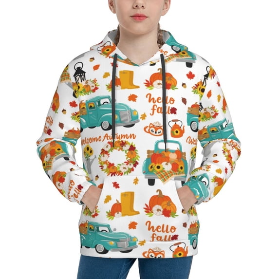 Salouo Fall Pumpkins And Sunflowers Pattern Hoodie Sweatshirt for Youth, Fall Pullover Hoodie Sweatshirt Long-Sleeve Pullover Hooded Sweatshirt-Large