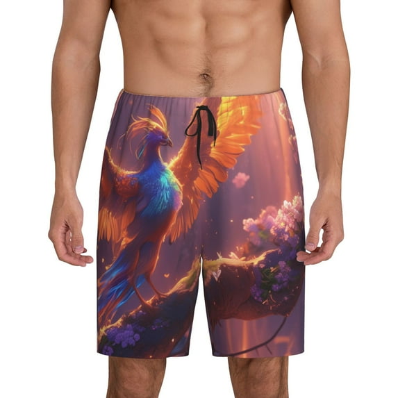 Salouo Fantasy Bird Illustration Pattern Men's Sleep Pajama Shorts,Pajama Bottoms Elastic Waistband Sleep Pajama Short PJ Shorts for Men -Medium