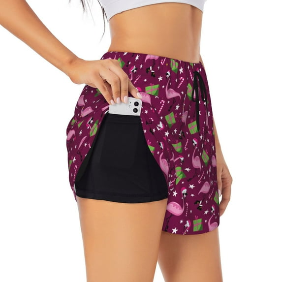 Salouo Festive Flamingos Print Women's 2 in 1 Running Shorts Double-Layer Shorts Athletic Workout Gym Yoga Shorts Running Shorts for Women-X-Large