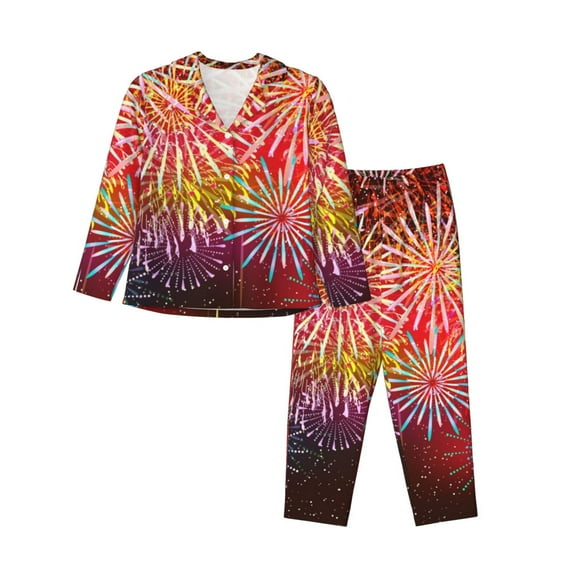 Salouo Fireworks Pattern Women's Pajamas Set Long Sleeve Button Down Sleepwear Soft Pj Lounge Sets for women 2 Piece Pjs Set with Long Pants-Large