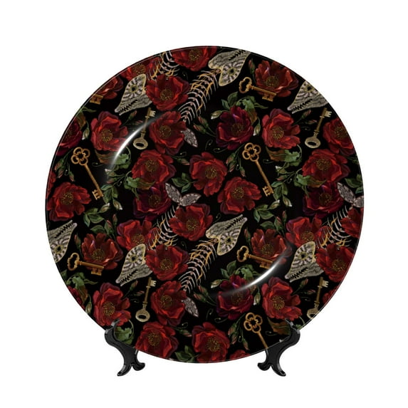 Salouo Fishbone Rose Pattern Bone China Decorative Plate,Holiday Decor Decorative Ceramic Plates with Stand Elegant Home DéCor for Hallway/Living Room/Bedroom-6in