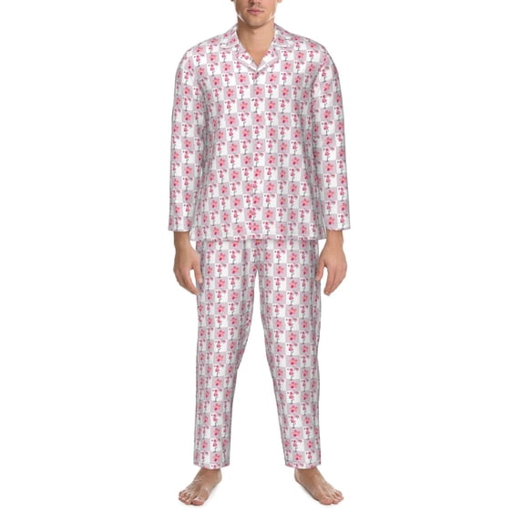 Salouo Flamingo On Checkered Print Button-Front Long Sleeve Pajama Set for Men, Soft 2Pjs Men's Long Sleeve Sleepwear -Medium