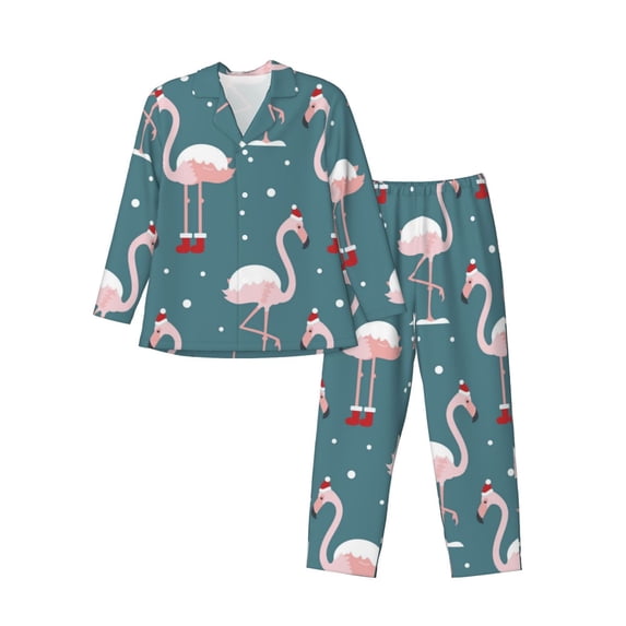 Salouo Flamingo Print Button-Front Long Sleeve Pajama Set for Men, Soft 2Pjs Men's Long Sleeve Sleepwear-X-Large