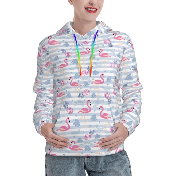 Salouo Flamingo and Pineapple Pattern Hoodie Sweatshirts for Women, Autumn Pullover Hoodie Workout Sweat Women's Long Sleeve Preppy Sweatshirts-Large