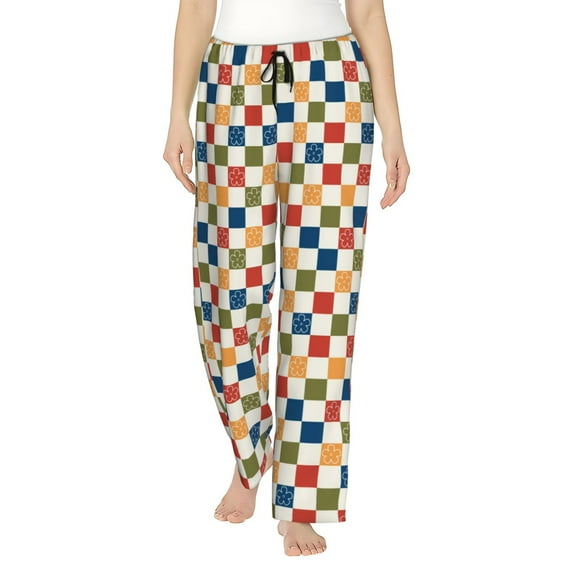 Salouo Floral Checkerboard Print Women's Pajama Pants Casual Loose Sweatpants PJs Flowy Pants Drawstring Palazzo for Women Wide Leg Pants Lounge Pajama -Large