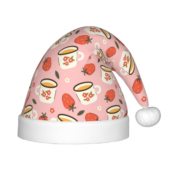 Salouo Floral Mugs And Strawberries for Christmas Hat for Kids Xmas Holiday Hat Santa Hat for Boys & Girls Festive Headwear Accessories Fit for Christmas/ New Year/Holiday/Party