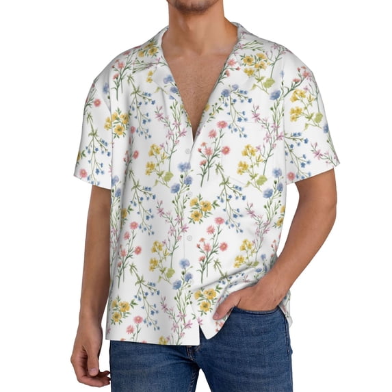 Salouo Floral Pattern Cuban Collar Shirts for Men Button-Down Shirt Men's Short Sleeve Shirts Hawaiian Shirts Casual Shirts -Medium
