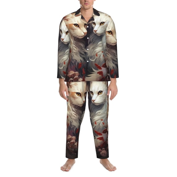 Salouo Flower Cat Couple Print Button-Front Long Sleeve Pajama Set for Men, Soft 2Pjs Men's Long Sleeve Sleepwear -Medium