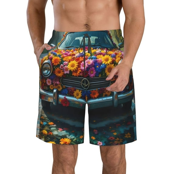 Salouo Flower Covered Vintage Car Pattern Swim Trunks for Men,Men's Hawaiian Bathing Suit Swimsuits Quick Dry Swimming Board Shorts Beach Shorts with Pockets-Small