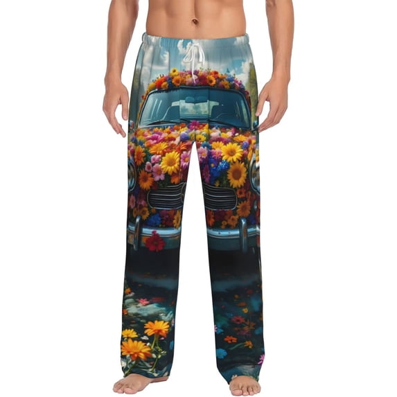 Salouo Flower Covered Vintage Car Print Pajama Pants for Men, Lounge Pants Elastic Waistband Casual Men's sleepwear Loungewear Sleep Pajama Pant -Small