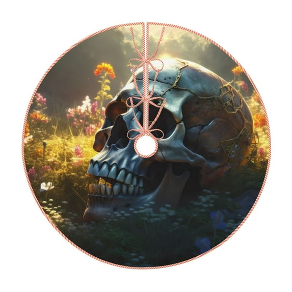 Salouo Flower Field Skull Christmas Tree Skirt 30" Farmhouse Christmas Decorations Snowman Xmas Tree Skirt Tree Mat for Holiday Party Decor