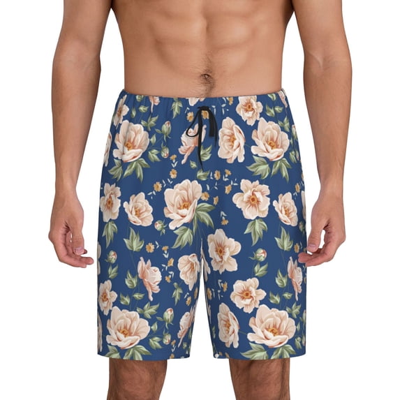 Salouo Flower Pattern Men's Sleep Pajama Shorts,Pajama Bottoms Elastic Waistband Sleep Pajama Short PJ Shorts for Men -Large