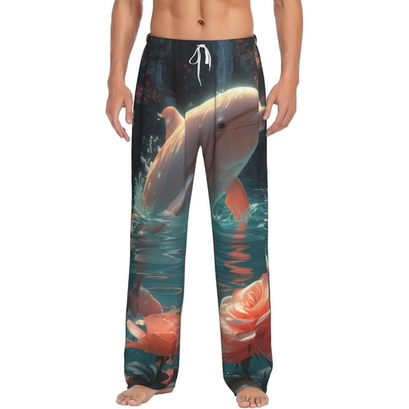 Salouo Flower White Dolphin Print Pajama Pants for Men, Lounge Pants Elastic Waistband Casual Men's sleepwear Loungewear Sleep Pajama Pant -Small