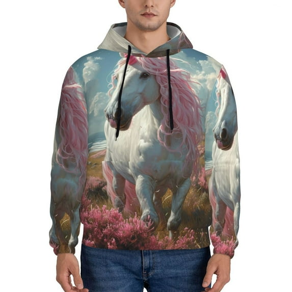 Salouo Flower White Horse (2) Pattern Men's Fall Hoodie Sweatshirt,Sport Hoodie with Pockets for Men Pullover Casual Hooded Sweatshirt-4X-Large