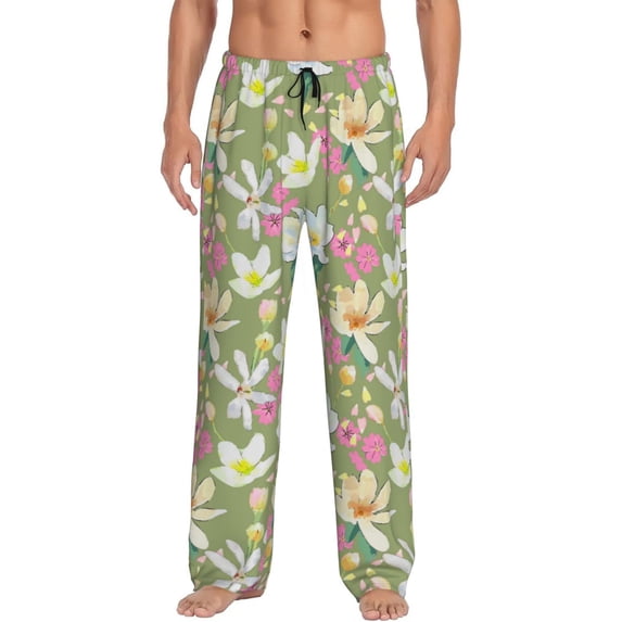 Salouo Flowers And Buds Print Pajama Pants for Men, Lounge Pants Elastic Waistband Casual Men's sleepwear Loungewear Sleep Pajama Pant -Medium