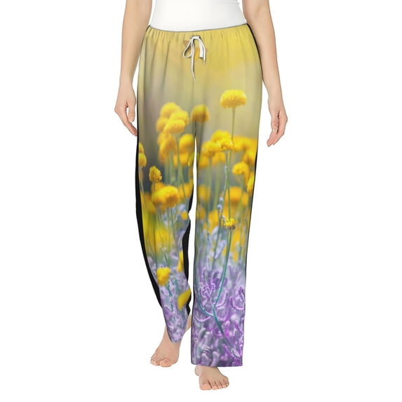 Salouo Flowers And Butterflies Print Women's Pajama Pants Casual Loose Sweatpants PJs Flowy Pants Drawstring Palazzo for Women Wide Leg Pants Lounge Pajama -Large