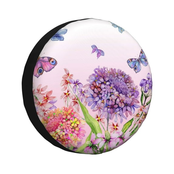 Salouo Flowers And Colorful Butterflies Print Spare Tire Cover 14-17 inch Spare Tire Protector Universal Tough Tire Wheel Cover for Trailer SUV and Truck-14 inch