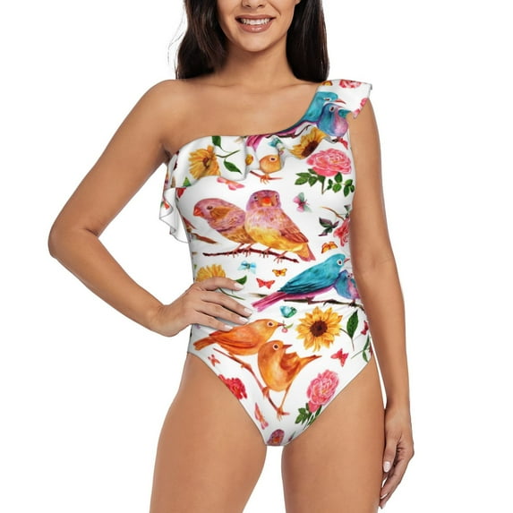 Salouo Flowers Birds And Butterflies Pattern One Shoulder Ruffled One Piece Swimsuit for Women V Neck Swimwear Tummy Control Bathing Suit-Large