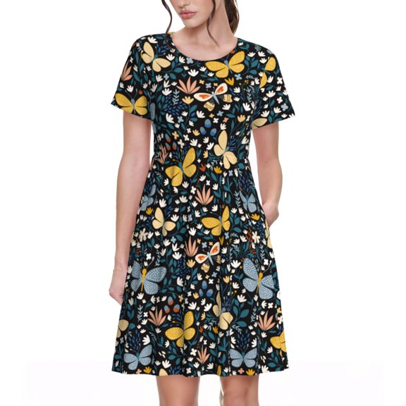 Salouo Flowers Butterfly for Women's Short Sleeve Summer Dress, Pleated Loose Swing Knee Length Dresses with Pockets