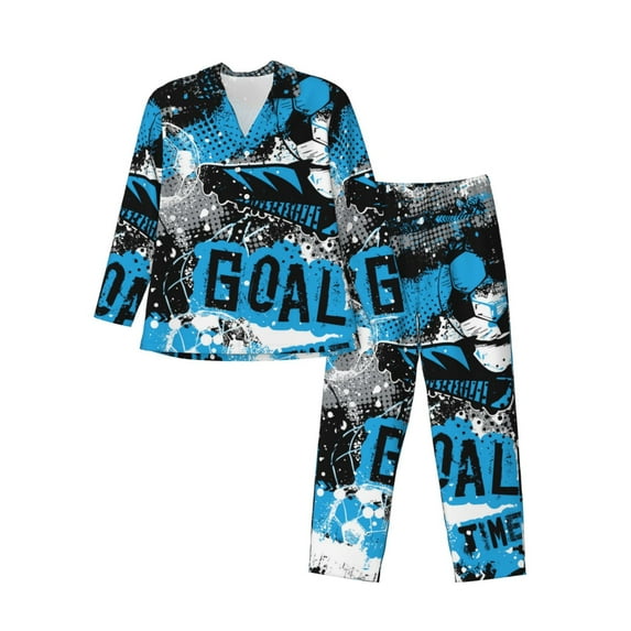 Salouo Football Time Print Button-Front Long Sleeve Pajama Set for Men, Soft 2Pjs Men's Long Sleeve Sleepwear-Medium