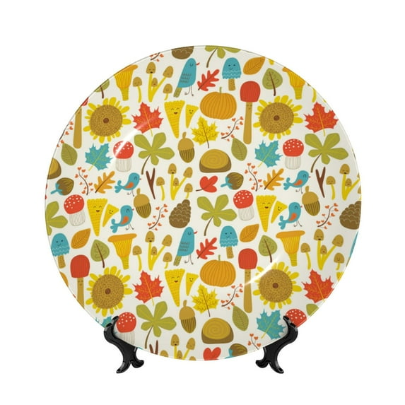 Salouo Forest Mushrooms Pattern Bone China Decorative Plate,Holiday Decor Decorative Ceramic Plates with Stand Elegant Home DéCor for Hallway/Living Room/Bedroom-8in