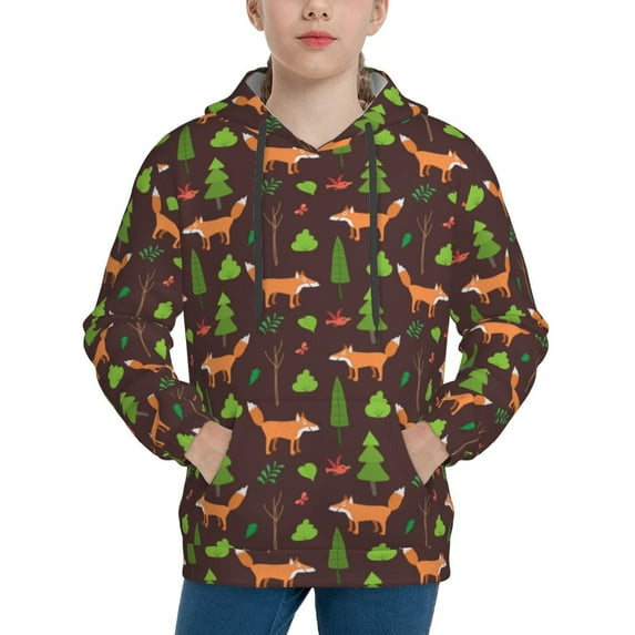 Salouo Fox In Forest Pattern Hoodie Sweatshirt for Youth, Fall Pullover Hoodie Sweatshirt Long-Sleeve Pullover Hooded Sweatshirt-Small