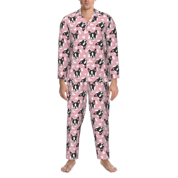 Salouo French Bulldog Print Button-Front Long Sleeve Pajama Set for Men, Soft 2Pjs Men's Long Sleeve Sleepwear -Large
