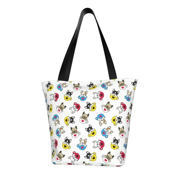 Salouo French Bulldog With Coffee Cup for Shoppers Tote for Women Foldable Handbags with Big Capacity Casual One-Shoulder Shopping Bag Hobo Bags Fit for Office/Shopping/Park