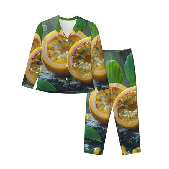 Salouo Fresh Passion Fruit Still Life Pattern Women's Pajamas Set Long Sleeve Button Down Sleepwear Soft Pj Lounge Sets for women 2 Piece Pjs Set with Long Pants-Large