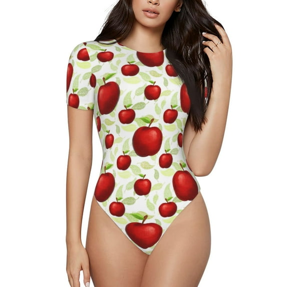 Salouo Fruit Apples for Women's Short Sleeve Bodysuit,Sexy Bodysuits One Piece Round Neck Bodysuit Shapewear Tummy Control-Small