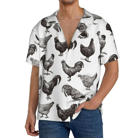 Salouo Funny Chicken Pattern Cuban Collar Shirts for Men Button-Down Shirt Men's Short Sleeve Shirts Hawaiian Shirts Casual Shirts -Medium