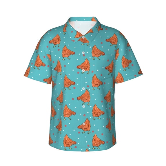 Salouo Funny Chicken for Hawaiian Shirt for Men,Summer Beach Casual Short Sleeve Button Down Shirts Men's Regular-Fit Short-Sleeve Print Shirt -Large