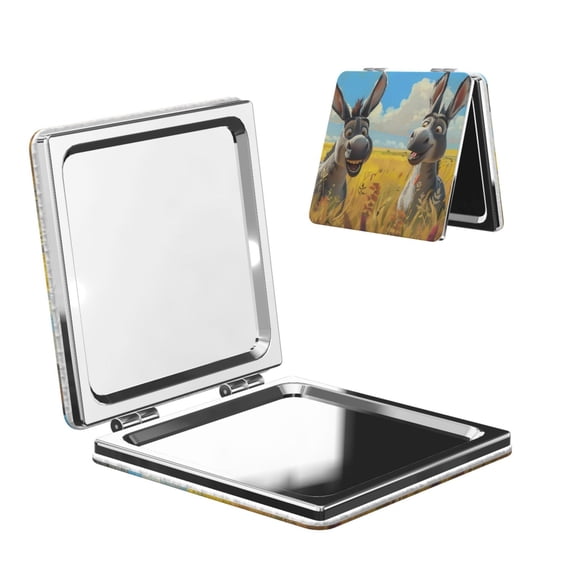 Salouo Funny Countryside Donkey Print Travel Makeup Mirror,Pocket Mirror Portable Hand Mirror 2 x 1x Magnification Folding Makeup Mirror for Handbag and Purses-Square