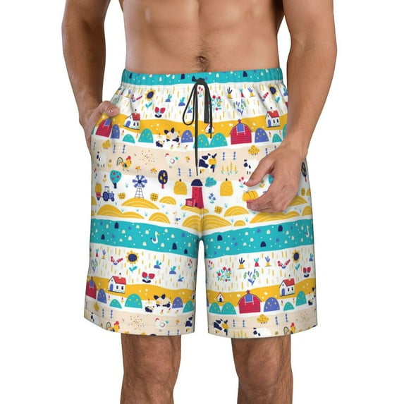 Salouo Funny Farm Pattern Swim Trunks for Men,Men's Hawaiian Bathing Suit Swimsuits Quick Dry Swimming Board Shorts Beach Shorts with Pockets-Small