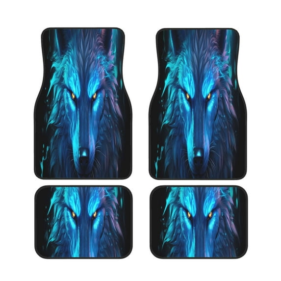 Salouo Futuristic Blue Light Wolf for Car Floor Mat Set of 4–Car Carpet Mats - Car Mats with Anti-Slip Backing & Driver Heel Pad Universal Fit for Cars, Trucks, SUVs, and Vans