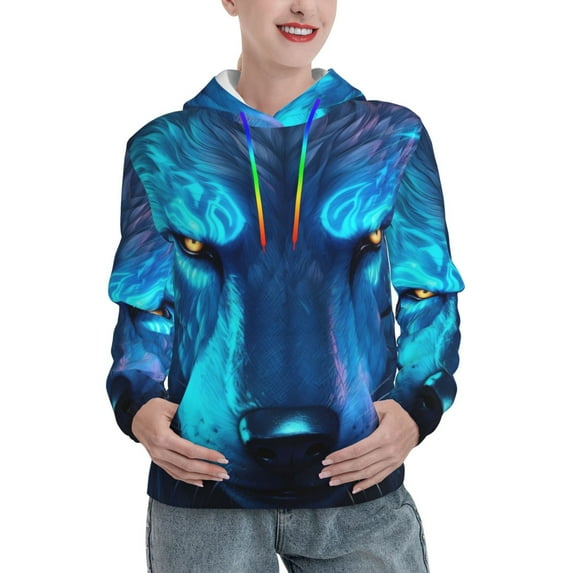 Salouo Futuristic Blue Light Wolf Pattern Hoodie Sweatshirts for Women, Autumn Pullover Hoodie Workout Sweat Women's Long Sleeve Preppy Sweatshirts-Small