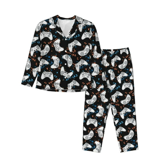 Salouo Game Pattern Women's Pajamas Set Long Sleeve Button Down Sleepwear Soft Pj Lounge Sets for women 2 Piece Pjs Set with Long Pants-Small