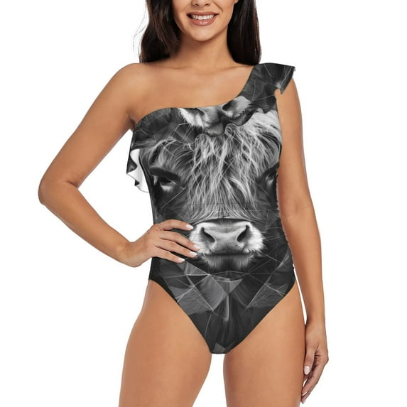 Salouo Geometric Bull Design Pattern One Shoulder Ruffled One Piece Swimsuit for Women V Neck Swimwear Tummy Control Bathing Suit-XX-Large