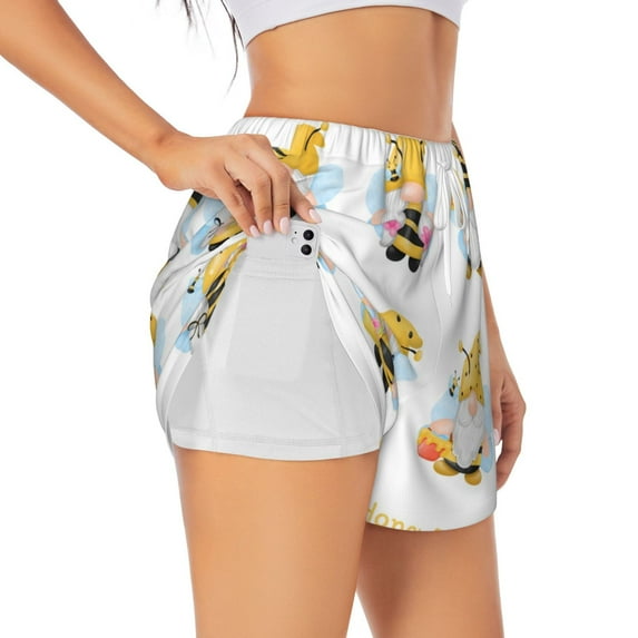 Salouo Gnomes Honey Bee Print Women's 2 in 1 Running Shorts Double-Layer Shorts Athletic Workout Gym Yoga Shorts Running Shorts for Women-XX-Large