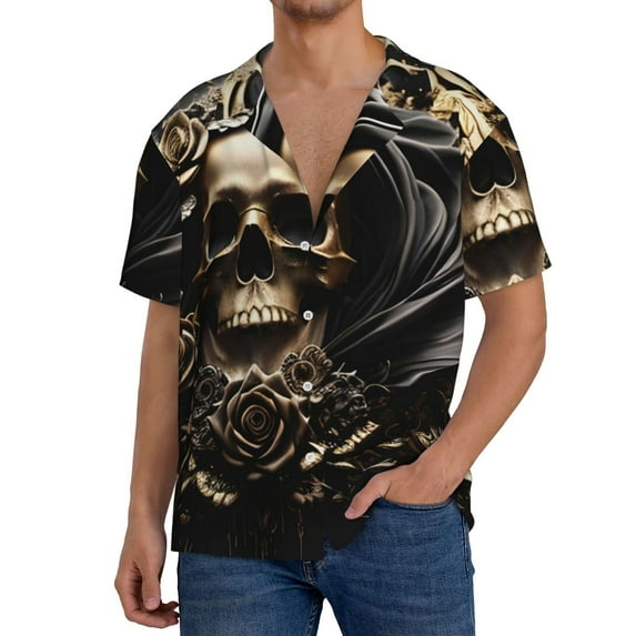 Salouo Gold Rose Skull Pattern Cuban Collar Shirts for Men Button-Down Shirt Men's Short Sleeve Shirts Hawaiian Shirts Casual Shirts -XX-Large