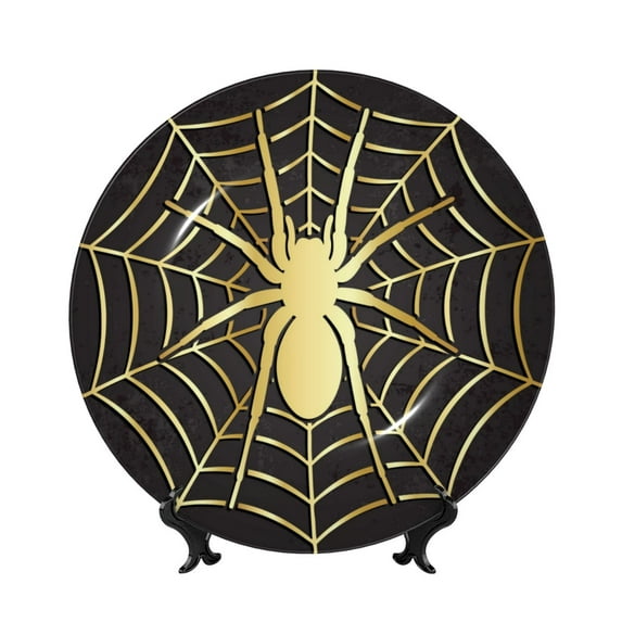 Salouo Gold Spider On The Web Pattern Bone China Decorative Plate,Holiday Decor Decorative Ceramic Plates with Stand Elegant Home DéCor for Hallway/Living Room/Bedroom-8in
