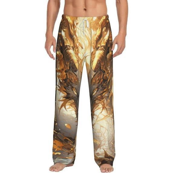 Salouo Golden Horned White Dragon Print Pajama Pants for Men, Lounge Pants Elastic Waistband Casual Men's sleepwear Loungewear Sleep Pajama Pant -Large