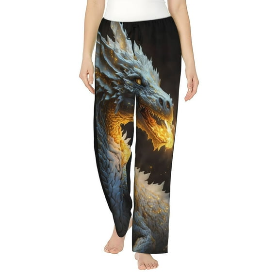Salouo Golden White Fire Dragon Print Women's Pajama Pants Casual Loose Sweatpants PJs Flowy Pants Drawstring Palazzo for Women Wide Leg Pants Lounge Pajama -