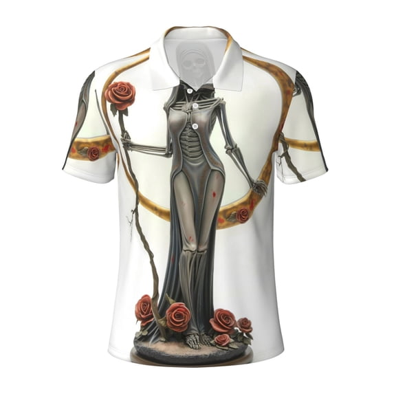 Salouo Gothic Skeleton With Roses for Men's Short Sleeve Polo Shirts,Polo Shirts for Men Performance Short Sleeve Golf Shirt Athletic Casual Collared T-Shirt-Medium